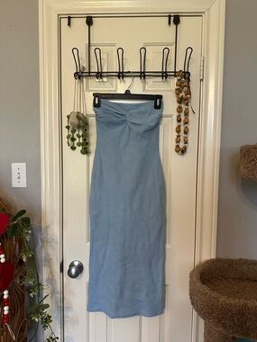 Strapless Twist-Front Midi Dress - Light Blue